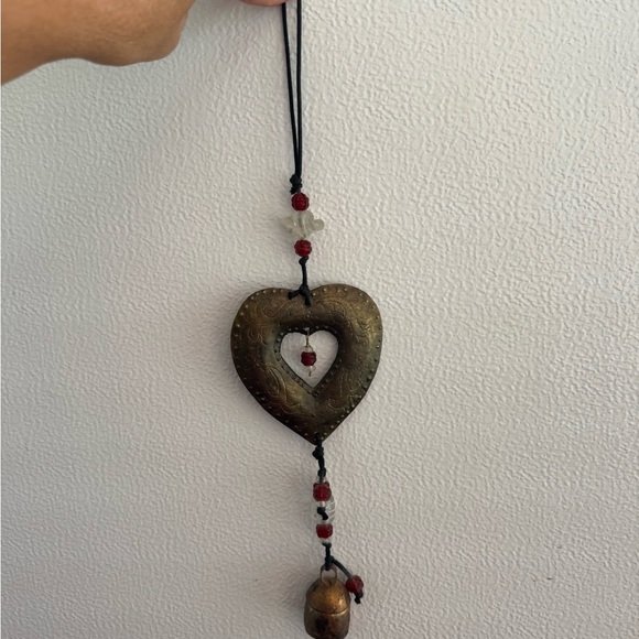 Handcrafted Simple Heart Hanging with Beads & Bell - Rustic Boho Wall - Picture 3 of 11